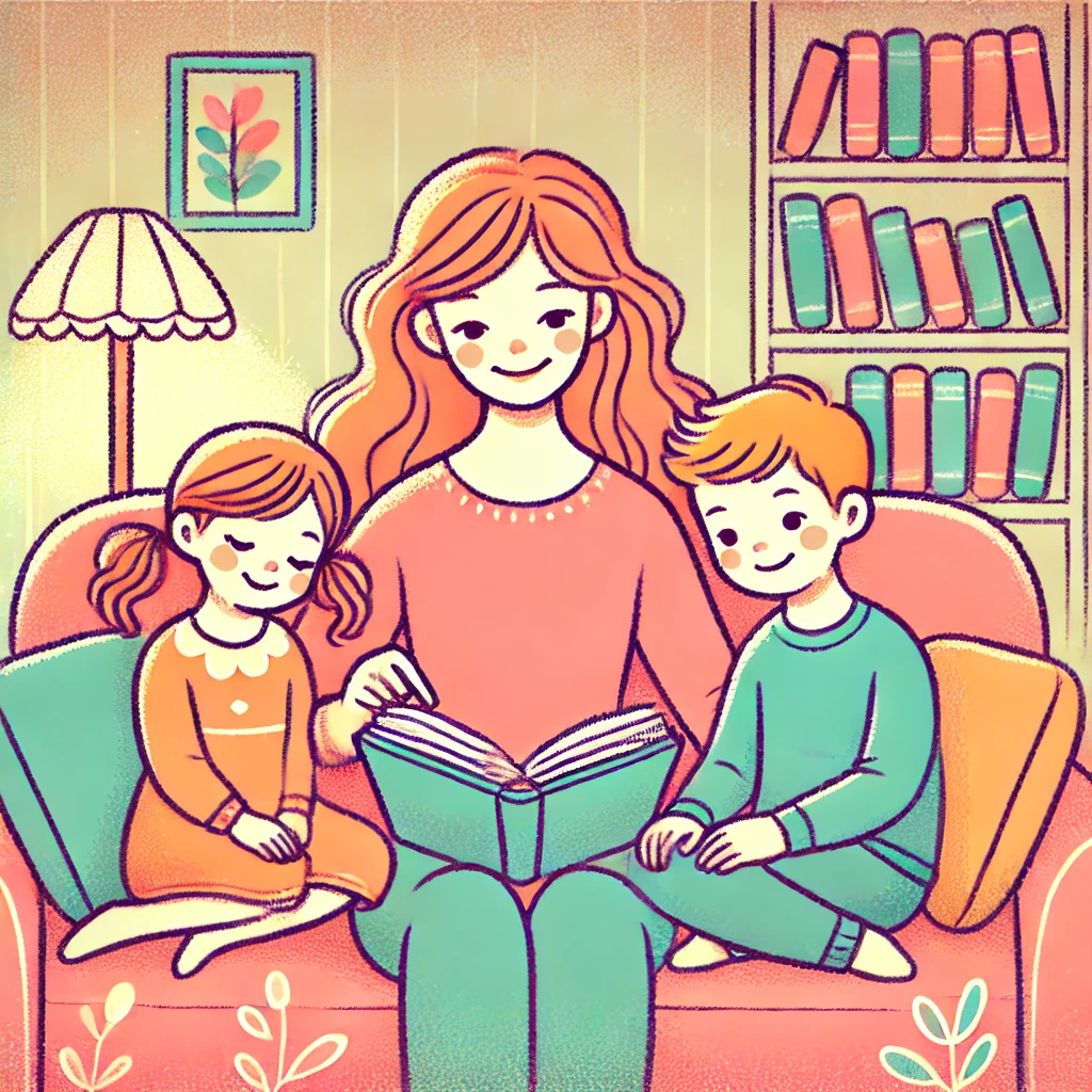 Illustration of a mother reading with her children